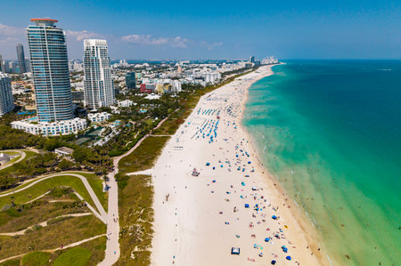 Aerial view of Miami beach coastline. Skyline and skyscrapers at Miami Beach. Summer vibes. Panoramic cityscape of Miami Beach. Miami skyline at daylight.の写真素材