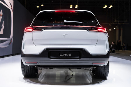 New York City, USA - March 27, 2024: Auto Show 2024. Polestar 3 EV car. Polestar 3 EV electric...