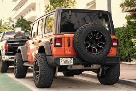Miami, Florida, USA - December 09, 2024: Jeep Wrangler SUV car. Luxury car of Jeep Wrangler SUV...