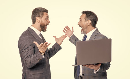 businessmen use laptop for freelancing. business computer freelancing. businessmen freelancer isolated on white. communication. freelance men post blog online. freelance working online. surpriseの写真素材