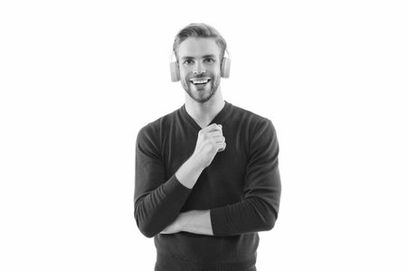 Listen audio. Millennial man gen lifestyle. Lifestyle and music. Man listen music in audio...