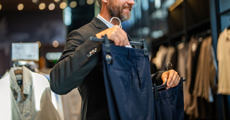 Trendy suit. Hispanic businessman choosing tailoring. Bespoke tailoring. Well dressed male model in suit boutique. Retail assistant help stylish man find suit. Stylish man in suit. Elegant outfitsの写真素材