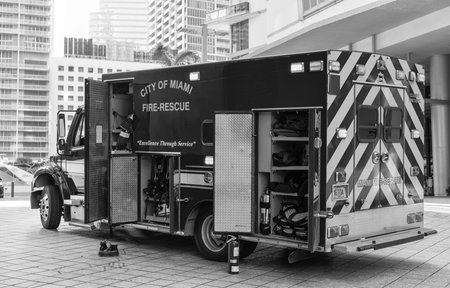 Miami, Florida, USA - December 01, 2024: Fire rescue in city of Miami. Big firetruck outdoor....