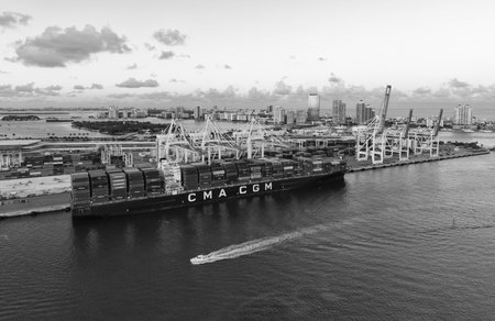 Miami, Florida - February 11, 2025: Freight container. Aerial Miami port with cargo container. Export and import. Port of Miami. Cargo ship loaded with container in Miami, aerial. Cargo unloadingのeditorial素材