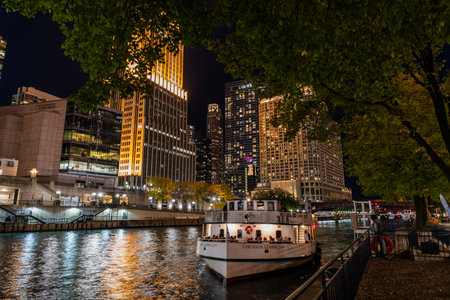Chicago, Il-October 22. 2024: Night in Chicago city downtown. Skyscraper architecture. Chicago city cityscape. Cityscape night with skyscraper building. Skyline architecture. Chicago city with illuminated towers.のeditorial素材