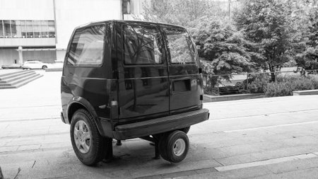 Vancouver, Canada - May 29, 2019: Unusual vehicle art outside of the Vancouver Art Gallery in Canada. Car installation. Auto part of unusual vehicle installation at art galleryのeditorial素材