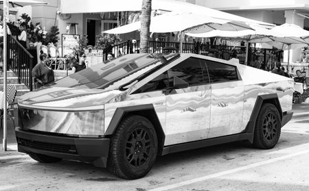 Miami, Florida, USA - December 08, 2024: Electric car of Tesla Cybertruck. Car of Tesla Cybertruck parked outdoor. Tesla Cybertruck, side view. 2024 Tesla Cybertruck electric pickup truck, car tuningのeditorial素材