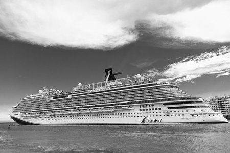 Miami, Florida, USA - June 09, 2024: Carnival Horizon cruise ship voyage. Cruise in summer vacation. Carnival cruise line. Cruise ship tour and travel at sea. Ship leaving Miami beach portのeditorial素材