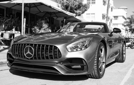 Miami, Florida, USA - December 11, 2024: Luxury car of Mercedes Benz AMG GT v8 biturbo type. Car of Mercedes Benz parked outdoor. Mercedes Benz, front view. Mercedes Benz AMG GT roadster convertible.のeditorial素材