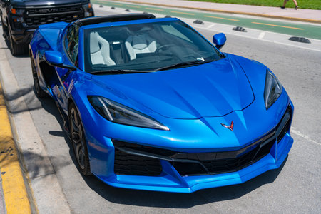 Miami, Florida, USA - July 27, 2025: Blue metallic Chevy C8, corner view. Chevrolet Corvette C8 2020 convertible sports car. Luxury sport car Chevrolet Corvette. Car Chevrolet Corvette parked outdoorのeditorial素材