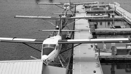 Vancouver, Canada - May 29, 2019: Seaplane tour. Plane waterfront station. Cessna 206 seaplane....