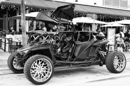 Miami, Florida, USA - December 14, 2024: Buggy Polaris RZR 800. Luxury buggy car of Polaris RZR 800. Buggy of Polaris RZR 800 parked outdoor. Polaris RZR 800, side viewのeditorial素材