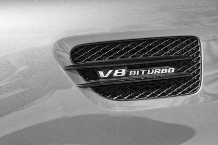 Miami, Florida, USA - December 11, 2024: Luxury car of Mercedes Benz AMG GT v8 biturbo type. Car of Mercedes Benz parked outdoor. Mercedes Benz, front view. Mercedes Benz AMG GT roadster convertible.のeditorial素材