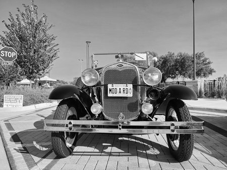 Park Ridge, Illinois, USA - August 21, 2024: Ford A 1927 convertible, roadster retro car. Classic car of Ford A. Ford A convertible outdoor. Retro car parked at auto show, front view.のeditorial素材