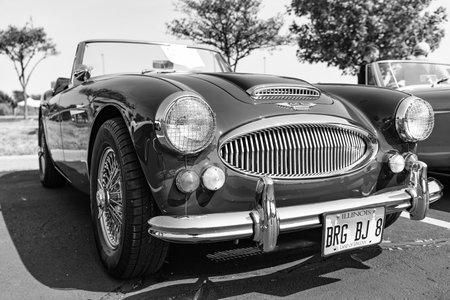 Chicago, Illinois, USA - September 08, 2024: Austin Healey 100-6 two seat roadster retro convertible car, corner view. Retro car. Retro Austin Healey 100-6 car. Austin Healey at Chicagoのeditorial素材