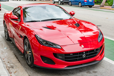 Miami, Florida, USA - July 27, 2025: 2019 Ferrari Portofino convertible GT car. Convertible car...