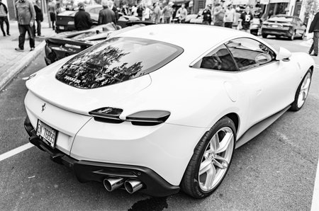 Chicago, Illinois - September 29, 2024: Ferrari Roma white color. Ferrari Roma parked on the street....