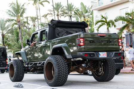 Miami, Florida, USA - July 27, 2025: Jeep Gladiator pickup truck customized by SoFlo Customs 2025....