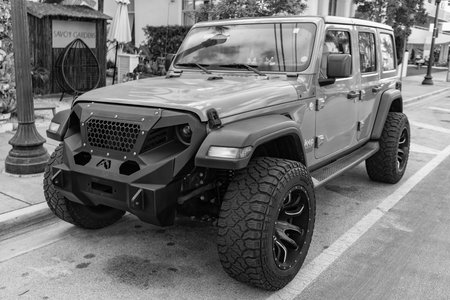 Miami, Florida, USA - December 09, 2024: Jeep Wrangler SUV car. Luxury car of Jeep Wrangler SUV...