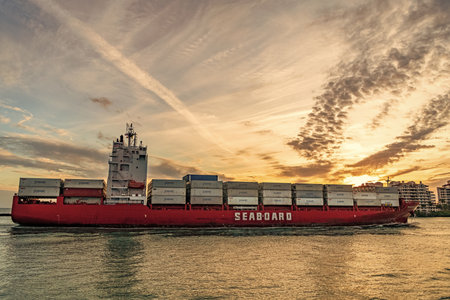 Miami, Florida, USA - January 03, 2025: Cargo ship Seaboard Genesis with container in Miami. Freight...