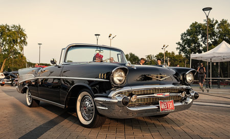Park Ridge, Illinois, USA - August 22, 2024: 1957 Chevy Bel Air convertible retro car. Black car of...