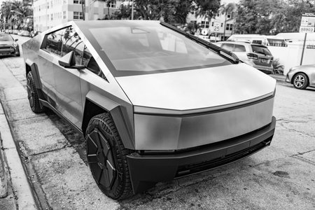 Miami, Florida, USA - December 12, 2024: 2024 Tesla Cybertruck electric pickup truck car. Electric...
