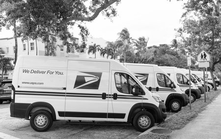 Miami, Florida, USA - November 18, 2024: USPS truck. Delivery USPS truck of postal service. Truck of...