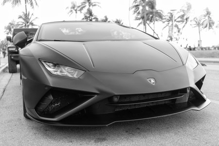 Miami, Florida, USA - December 19, 2024: 2021 Lamborghini Huracan EVO supercar sportscar...