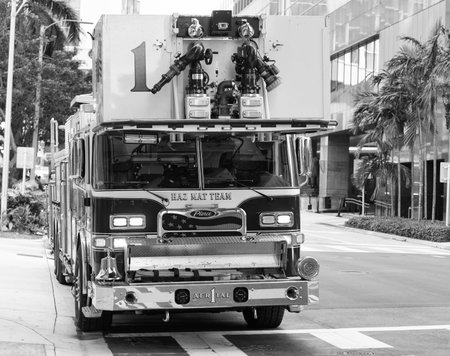 Miami, Florida, USA - December 01, 2024: Big firetruck outdoor. Firetruck vehicle, front view. Haz...