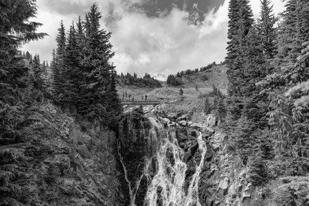 Myrtle falls waterfall route. Mount Rainier national park mountain nature landscape. Waterfall landscape. Nature wildness travel. Waterfall travel destinationの写真素材