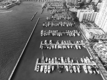 Luxury South beach marina. Miami south beach view. Docked luxurious yacht boat. Luxurious lifestyle. View of luxury Miami Florida. Summer vacation. Marina dockの写真素材
