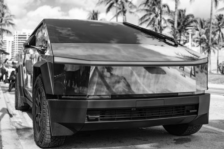 Miami, Florida, USA - December 08, 2024: Electric car of Tesla Cybertruck. Car of Tesla Cybertruck parked outdoor. Tesla Cybertruck, front view. 2024 Tesla Cybertruck electric pickup truck, car tuning.のeditorial素材