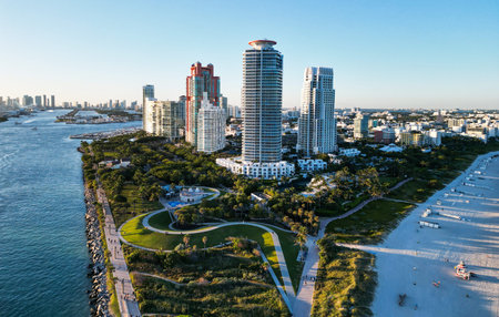 South Miami Beach and the ocean. Miami skyline with skyscrapers. Aerial view of Miami in summer.の写真素材