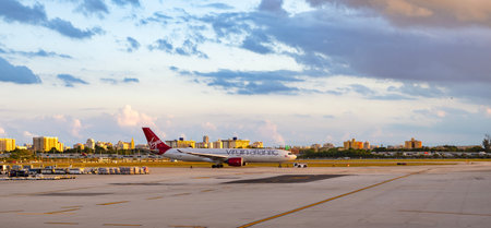 Miami, Florida, USA - October 30, 2025: Boeing 787 Dreamliner, Virgin Atlantic. Plane arrival Virgin...