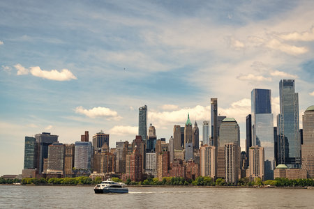 New York, United States. New York city skyline in Midtown Manhattan. USA, NYC, NY, Manhattan. Lower Manhattan skyline. New York from New Jersey. Downtown Manhattan. American financial centerの写真素材