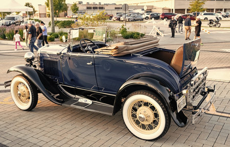 Park Ridge, Illinois, USA - August 22, 2024: Ford A 1927 retro convertible car. Classic car of Ford A. Ford A convertible outdoor. Retro car parked at auto show, corner viewのeditorial素材