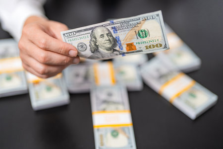 Successful rich man with money. Business success man hold dollar. Millionaire hold dollar money....