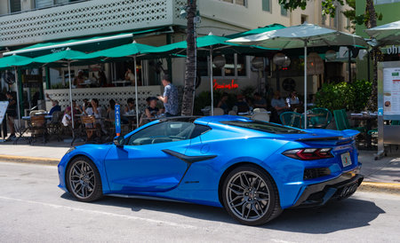 Miami, Florida, USA - July 27, 2025: Blue metallic Chevy C8, corner view. Chevrolet Corvette C8 2020...