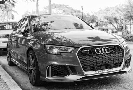 Miami, Florida, USA - December 05, 2024: 2018 Audi RS3 Sport hatchback car. Luxury car of Audi RS3. Car of Audi RS3 parked outdoor. Audi RS3 blue color, corner view.のeditorial素材