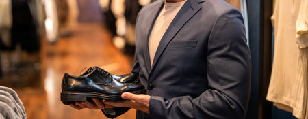 Man in trendy store hold classic shoe. Shoe store. Business man choose elegant footwear in shoes store. Classic leather shoes for formal look. Formal shoe. Leather footwear saleの写真素材