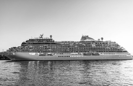 Miami, Florida, USA - December 07, 2024: Seven seas Grandeur cruise ship voyage. Cruise in summer vacation. Regent seven seas cruises. Cruise ship tour and travel at sea. Ship leaving harborのeditorial素材