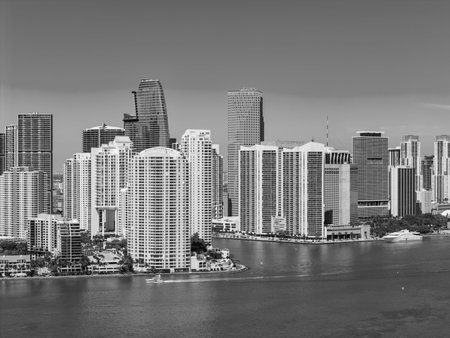 City skyline. Miami from Brickell Key in Florida. Skyscraper in downtown city. Cityscape skyline. Brickell building in Miami downtown. Brickell skyline with skyscraper architecture. Luxury lifeの写真素材