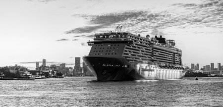 Miami, Florida, USA - December 24, 2024: Ship illuminated at night. Norwegian Breakaway cruise ship voyage. Cruise in summer vacation. Norwegian cruise line. Cruise ship tour and travel at oceanのeditorial素材