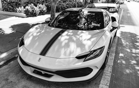 Miami, Florida, USA - December 08, 2024: 2024 Ferrari 296 GTB sportscar. Luxury sport car of Ferrari 296 GTB. Car of Ferrari GTB parked outdoor. Ferrari 296 GTB, corner viewのeditorial素材