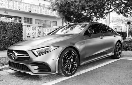 Miami, Florida, USA - December 09, 2024: Mercedes Benz CLS 2019 amg turbo car. Luxury car of Mercedes Benz CLS type. Car of Mercedes Benz parked outdoor. Mercedes Benz CLS, corner view.のeditorial素材