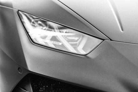 Miami, Florida, USA - December 19, 2024: Sport car of Lamborghini Huracan EVO. Black car of Lamborghini Huracan EVO outdoor, light view. 2021 Lamborghini Huracan EVO supercar sportscar convertible.のeditorial素材