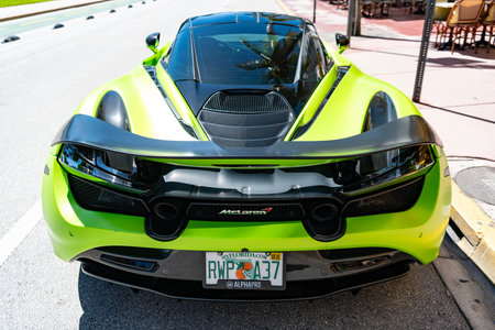 Miami, Florida, USA - July 27, 2025: Luxury sport car McLaren 720S. Car McLaren 720S parked outdoor. Green yellow supercar sportscar, rare view. McLaren 720S 2021 supercar sports car.のeditorial素材