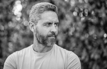 Mature man with hairstyle. Hair fashion man. Copy space. Stylish man with graying hair in shirt. Handsome man outdoor portrait. Portrait face stylish model. Fashion male has serious faceの写真素材