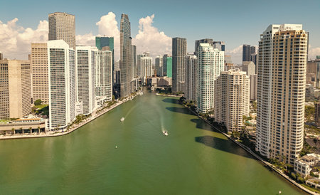 Famous landmarks of Miami Brickell from above. Drone view of the Brickell in Miami city. Business in Brickell district. Biscayne Bay Florida iconic urban coastline in daylight.の写真素材
