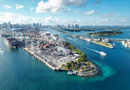Cargo shipping container in Miami, aerial view. Freight container, maritime. Aerial Miami port with cargo container. Maritime shipping. Drone view. Port of Miamiの写真素材